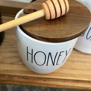 Rae Dunn honey jar with honey spoon